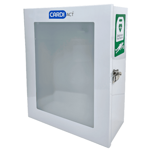 Top-right angled view of a white defibrillator wall cabinet for indoor use