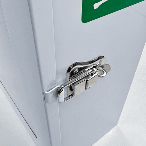 Close-up of the latch mechanism on a defibrillator wall cabinet