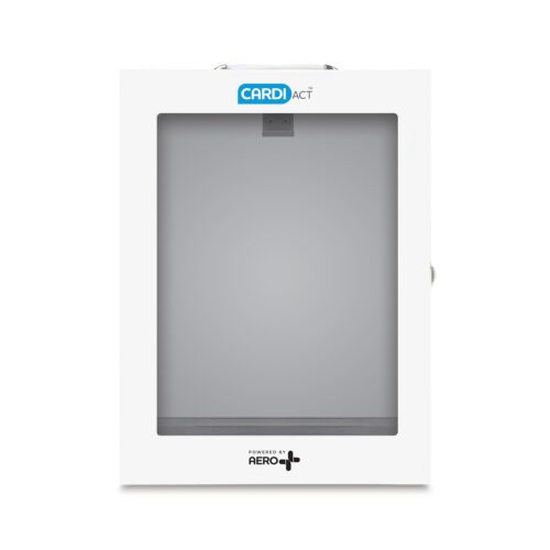 White defibrillator wall cabinet for indoor use, designed to store and protect an AED