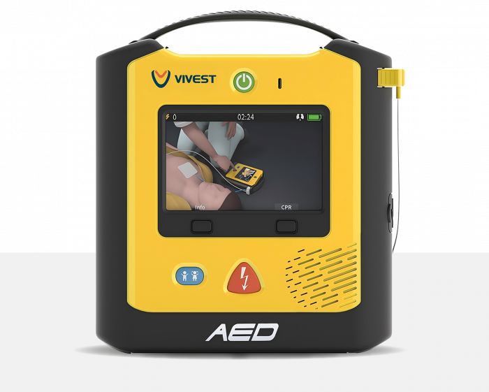 ViVest X3 semi-automatic defibrillator with full-colour LCD screen showing CPR guidance